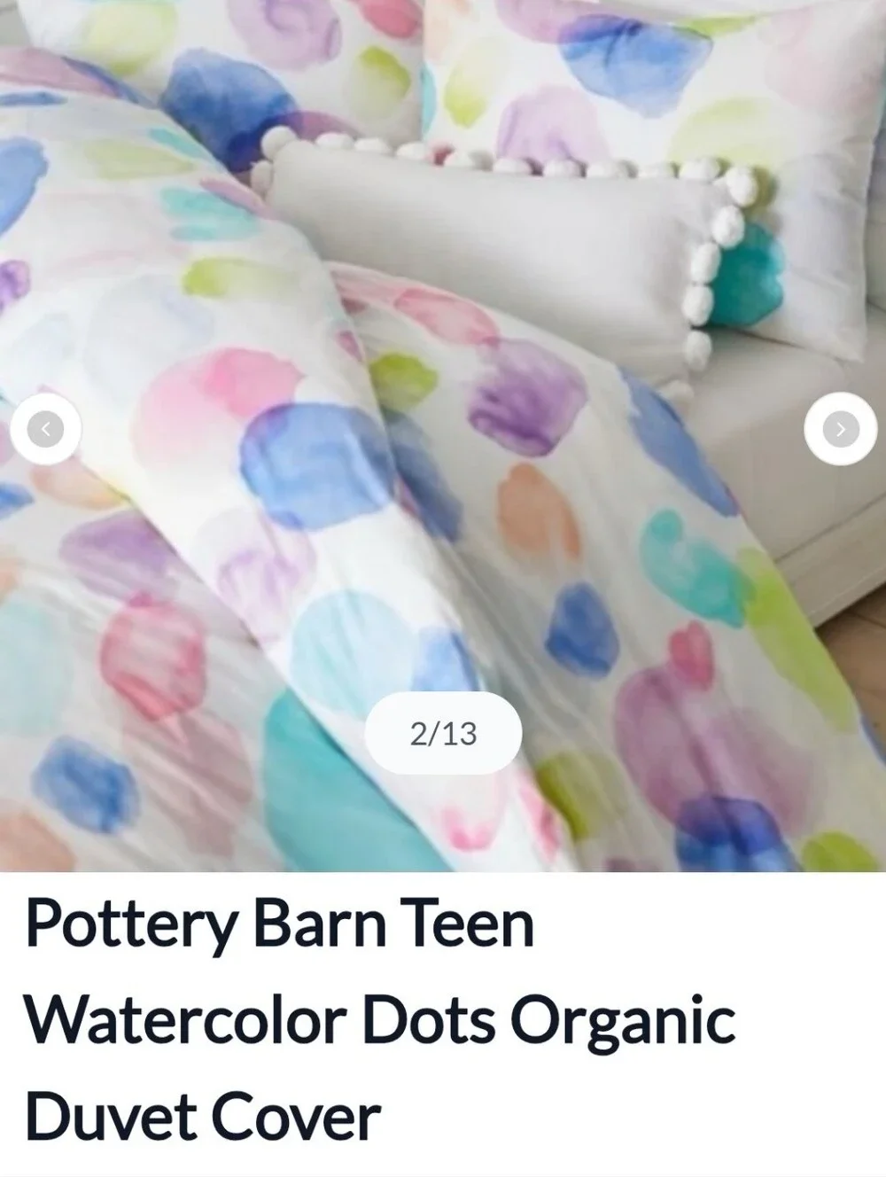 Pottery Barn Teen Watercolor Dots Duvet Cover F/Q Organic Cotton Artsy Pastels